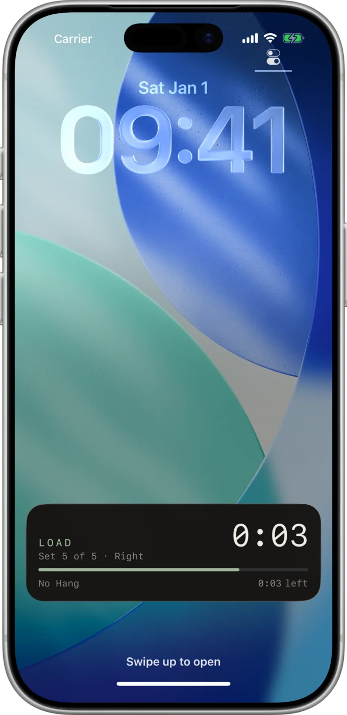 An iPhone lock screen with an Ichidan Live Activity: load, set 5 of 5, right hand.