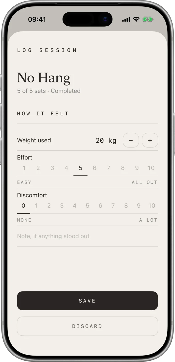 Logging a session: weight 20 kg, effort 5 of 10, discomfort 0, and an optional note.