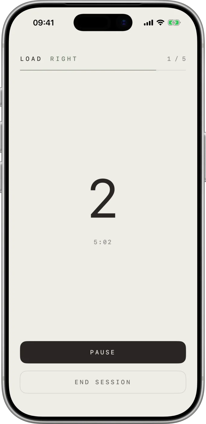 The Ichidan timer: load, right hand, set 1 of 5, two seconds left.